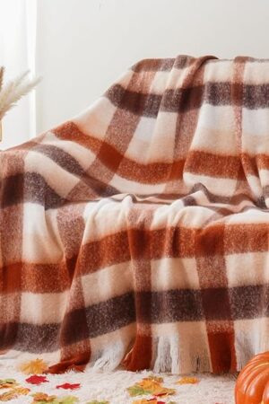 Battilo Rust Plaid Throw Blanket for Couch Bed, Soft Mohair Tartan Plaid Blanket, Farmhouse Style Checkered Pattern, Fall Throw Blankets for Home Decor(50"x60")