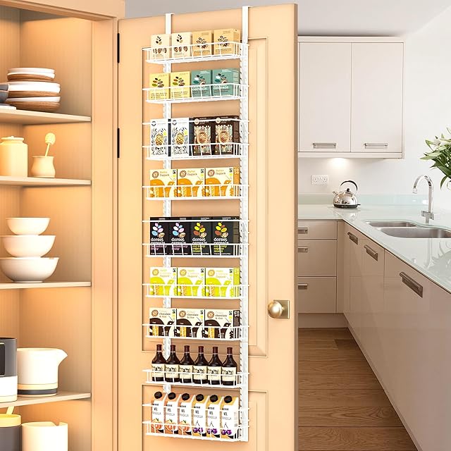Churboro Over the Door Pantry Organizer Rack with 9 Adjustable Baskets, 9 Tiers Dual-use Hanging or Wall Mount Spice Rack Organizer, White