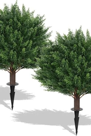 Artificial Cedar Topiary Ball Trees, 2 Set of 16'' UV Resistant Fake Evergreen Shrubs Bushes Plants with Ground Spike Fake Plants for Outdoor Indoor Front Porch Garden