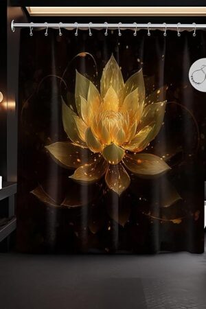 Black and Gold Shower Curtain Lotus Flower Shower Curtains for Bathroom Decor Decorative Yellow Golden Floral Bath Curtain Set with Hooks, Waterproof Cloth Fabric, 70x72in