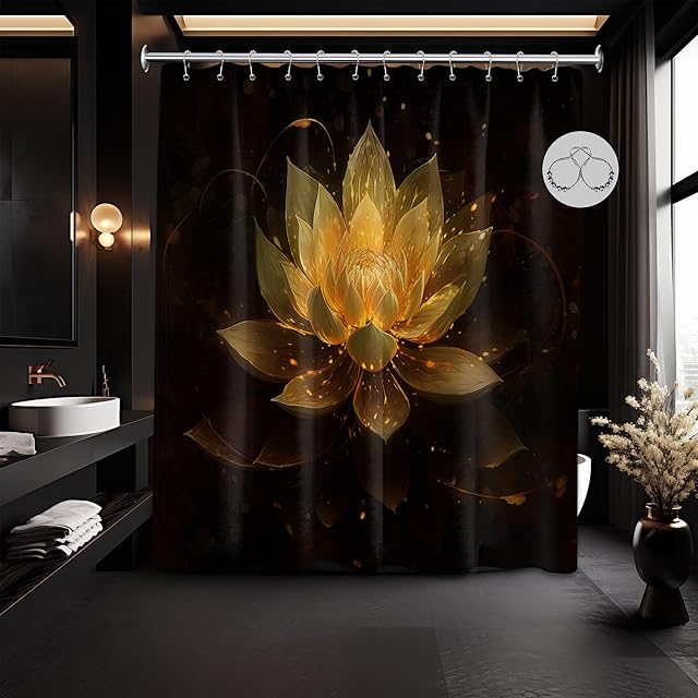 Black and Gold Shower Curtain Lotus Flower Shower Curtains for Bathroom Decor Decorative Yellow Golden Floral Bath Curtain Set with Hooks, Waterproof Cloth Fabric, 70x72in