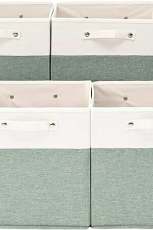 13 x 13 Inch Fine Linen Storage Bins with Handles，Fabric Cube Boxs，Collapsible Basket Organizers for Shelves for Home, Closet Drawers (White/Green-4 Pack )