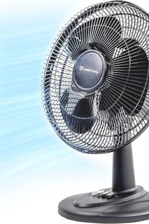 Comfort Zone 16-Inch Oscillating Table Fan & Desk Fan – 3-Speed Cooling with Push Button Controls, Quiet Operation, Adjustable Tilt Head, Compact Design for Home, Office, Dorm, or Bedroom Use, Black