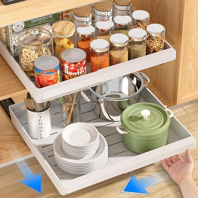 2 Pack Pull Out Cabinet Organizers Expandable, Slide Out Drawers for Kitchen, Bathroom, Pantry, Under Sink Storage, Pull Out Drawers Fixed with Adhesive Nano Film (White, 11.6''-17.5'')