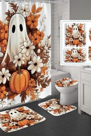 4Pcs Fall Halloween Shower Curtain Set Ghost Pumpkin Autumn Floral Shower Curtain for Halloween Bathroom Decor with Anti-Slip Waterproof Bathtub Bathroom Rugs Toilet Lid Cover (Ghost Pumpkin)