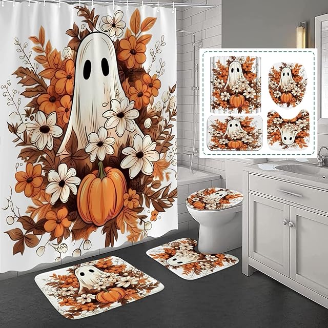 4Pcs Fall Halloween Shower Curtain Set Ghost Pumpkin Autumn Floral Shower Curtain for Halloween Bathroom Decor with Anti-Slip Waterproof Bathtub Bathroom Rugs Toilet Lid Cover (Ghost Pumpkin)