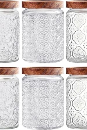Vintage Glass Jars with Wooden Lids, 6 Pack 24 oz Airtight Glass Food Storage Containers Sets for the Kitchen, Sugar Coffee Candy Spice Cookie Tea Pasta