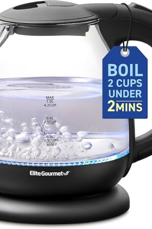 Elite Gourmet EKT1001 Electric 1.0L BPA-Free 1100W Glass Kettle Cordless 360° Base, Stylish Blue LED Interior, Handy Auto Shut-Off Function – Quickly Boil Water For Tea & More, Black