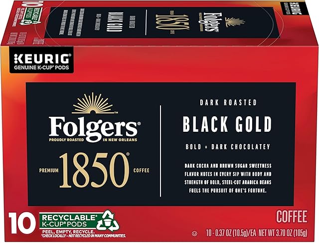 1850 by Folgers Black Gold Dark Roast Coffee, 10 Keurig K-Cup Pods