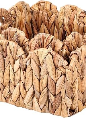 2 Pack Hand Woven Large Storage Baskets with Wooden Handles, Water Hyacinth Wicker Baskets for Bathroom, Bedroom, Laundry