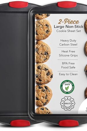 Baking Sheet Set, 2-Piece Large Cookie Sheet Set with Silicone Handles, Steel Baking Pan, Baking Sheets for Oven, BPA Free Nonstick Set, Half Sheet Pans, Black Baking Tray