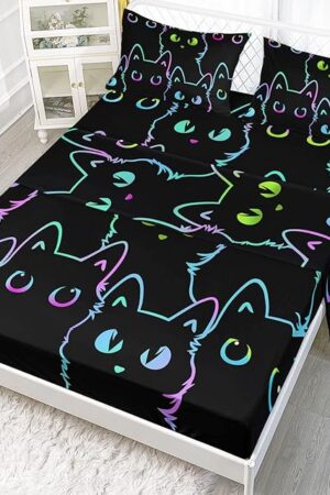 Axolotl Kids Bedding Cute Cat Sheet Set Twin Size, Gradient Line, 4Pcs Kawaii Cat Bed Sets with 1 Fitted Sheet 1 Flat Sheet 2 Pillowcases for Kids Boys Girls Adults Teens, Black