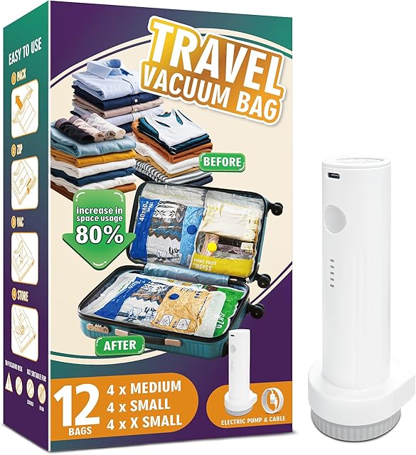 Travel Vacuum Storage Bags with Portable Electric Pump, 12 Pack Travel Vacuum Bags for Clothes, Vacuum Seal Compression Bags for Luggage and Suitcase