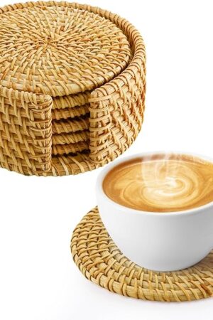 6pcs Natural Handmade Rattan Coasters with Holder - Wicker Drink Coasters Set for Protecting Table, Housewarming Gifts Boho Fall Home Decor