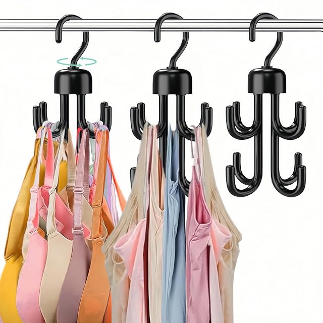 3Pcs Tank Top Hanger, Rotatable Bra Hangers for Closet Organizer, Max 72 Storage Capacity Belt Hanger, Plastic Space Saving Closet Organizers Apartment Dorm Essentials for Bra Tank Top Belt Tie, Black