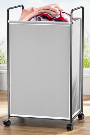 90L Laundry Basket Hamper with Wheels, Large Grey Square Tall Rolling Dirty Clothes Hamper for Bathroom, Dorm Room Metal Sturdy Wheeled Narrow Laundry Baskets Cart Organization Organizer