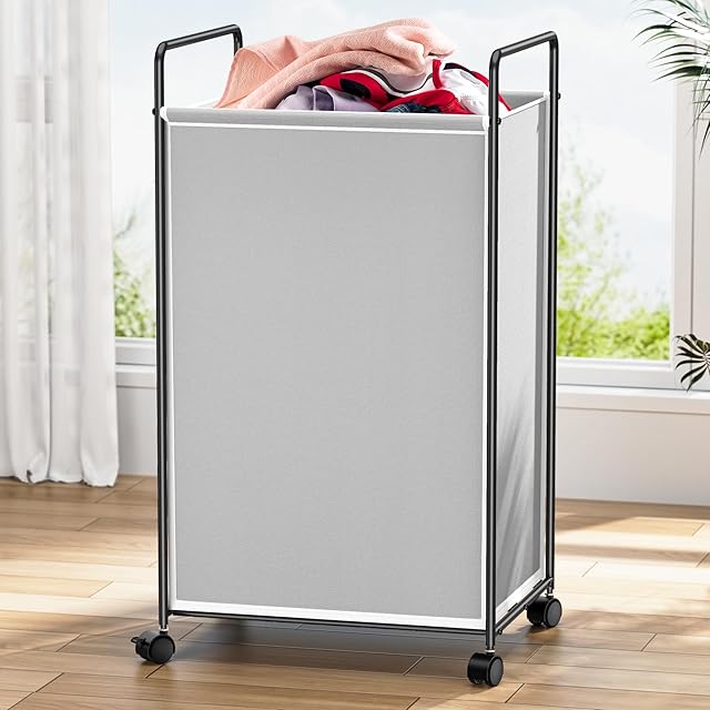 90L Laundry Basket Hamper with Wheels, Large Grey Square Tall Rolling Dirty Clothes Hamper for Bathroom, Dorm Room Metal Sturdy Wheeled Narrow Laundry Baskets Cart Organization Organizer