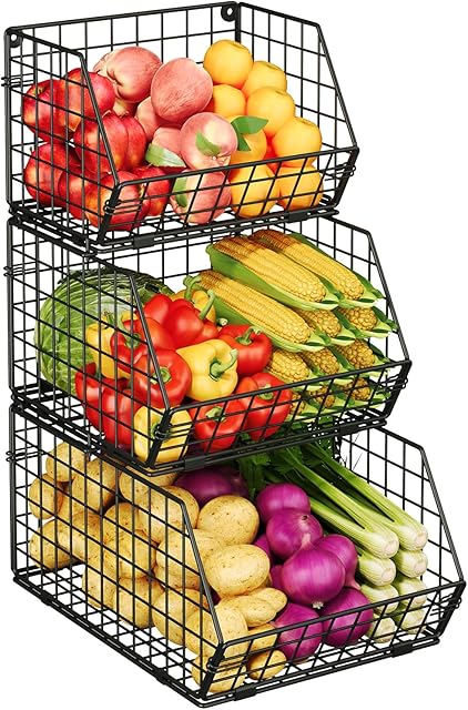 X-cosrack 3-Tier Stackable Wire Baskets for Pantry Organization and Storage, Kitchen Counter Basket for Potato Onion Storage, Fruit and Vegetable Storage Basket, Metal Baskets for Snack Produce Cans