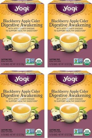 Yogi Tea Blackberry Apple Cider Digestive Awakening Tea - 16 Tea Bags per Pack (4 Packs) - Organic Tea to Support Digestive Health - Includes Ginger Root, Licorice Root & Raspberry Leaf