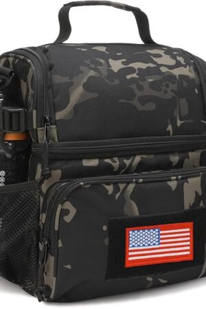 ATRIPACK 2 Compartment Lunch Bag for Men Adult, Tactical Lunch Box Leakproof Insulated Large Cooler Bag for Work with Adjustable Shoulder Strap Flag Double Layer Lunch Pail（Camo-Black）