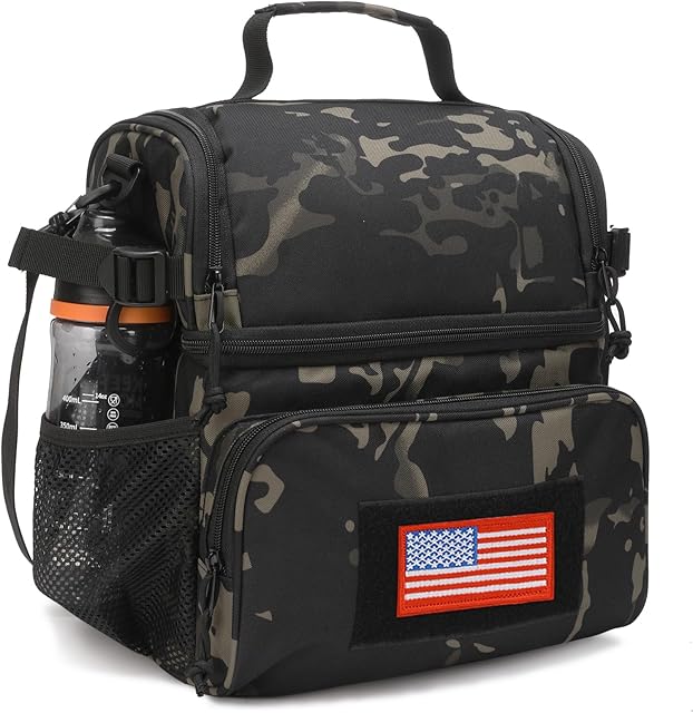 ATRIPACK 2 Compartment Lunch Bag for Men Adult, Tactical Lunch Box Leakproof Insulated Large Cooler Bag for Work with Adjustable Shoulder Strap Flag Double Layer Lunch Pail(Camo-Black)