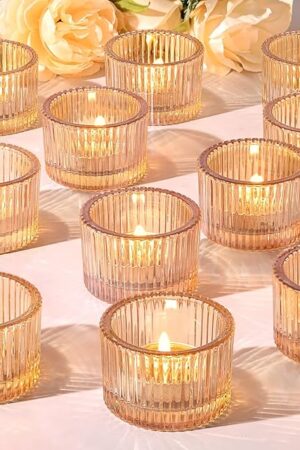 24 pcs Tealight Gold Candle Holders, Votive Tea Light Candle Holder Glass for Gold Centerpieces Fall Wedding Table Decor, Party Supplies, Home Decor
