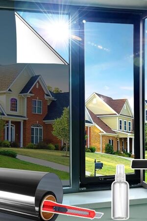 Window Privacy Film See Out Not in, One Way Privacy Window Film, Removable Window Tint for Home, Reflective Static Cling Window Film Heat Blocking, Black Silver, 17.5 X 78.7 inch
