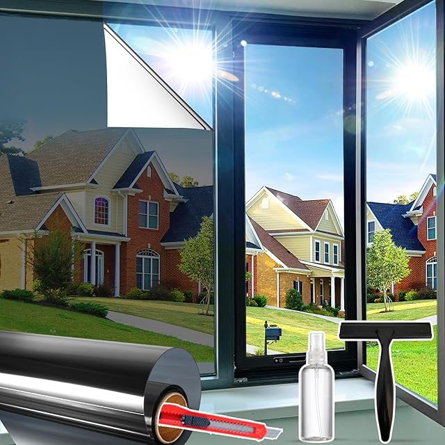 Window Privacy Film See Out Not in, One Way Privacy Window Film, Removable Window Tint for Home, Reflective Static Cling Window Film Heat Blocking, Black Silver, 17.5 X 78.7 inch