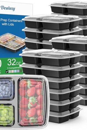 50 Pack (100-Piece) 32 oz Meal Prep Containers Reusable with Lids 3-Compartment, To Go Take Out Plastic Food Storage Containers, Sturdy Leakproof Food Safe, Microwave Freezer Dishwasher Safe, Black