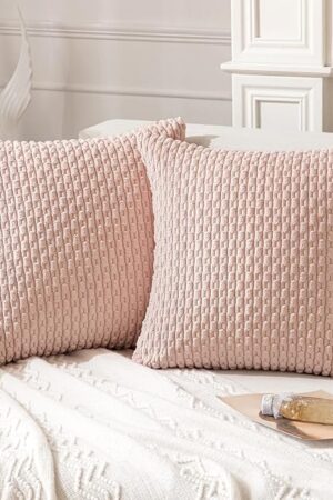 ANRODUO Pack of 2 Pink Pillow Covers Decorative Throw Pillow Covers 18x18 Inch for Couch Bed Living Room Soft Corduroy Striped Square Cushion Covers Throw Pillows Rustic Farmhouse Spring Home Decor