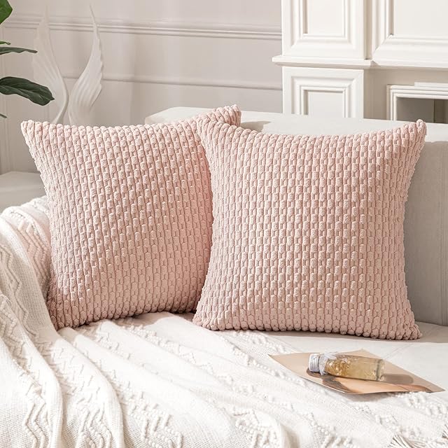 ANRODUO Pack of 2 Pink Pillow Covers Decorative Throw Pillow Covers 18x18 Inch for Couch Bed Living Room Soft Corduroy Striped Square Cushion Covers Throw Pillows Rustic Farmhouse Spring Home Decor