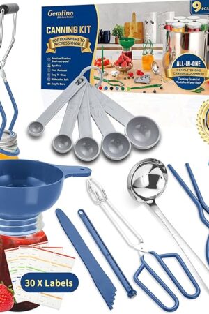 Canning Supplies Starter Kit,Canning Kit for Beginners of 9 with Jar Lifter，Wide Mouth Funnel,Wrench,Tongs,Lid Lifter,Bubble Popper,Canning Labels,ladle,Measuring Spoon-Blue