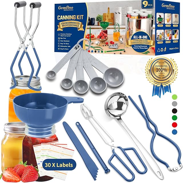 Canning Supplies Starter Kit,Canning Kit for Beginners of 9 with Jar Lifter,Wide Mouth Funnel,Wrench,Tongs,Lid Lifter,Bubble Popper,Canning Labels,ladle,Measuring Spoon-Blue