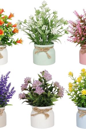 6pcs Artificial Pot Flowers Small Fake Plants with Pot Mini Potted Plants for House Office Tabletop Decoration
