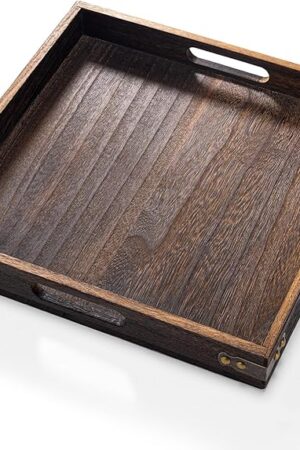 Yangbaga Serving Tray with Handles,12.5"*12.5"Wood Decorative Tray for Living Room,Modern Coffee Table Tray,Square Large Serving Platters for Home Decor,Ottoman,Bed,Kitchen,Bathroom, Breakfast,Bar