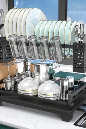 B-Land Dish Drying Rack: 2 Tier Dish Racks for Kitchen Counter and Sink - Large Dish Drying Rack with Drainboard & Utensil Holders - Stainless Steel Dish Drainers Kitchen Organization and Storage