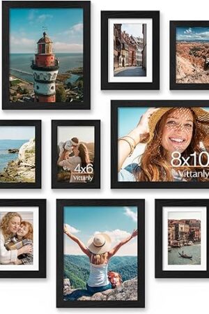 Vittanly 15 Pack Picture Frames Collage Wall Decor for Mounting or Tabletop Display, Gallery Frame Set for Family, Multi Sizes Including 3pcs 8x10, 6pcs 5x7, 6pcs 4x6, Black