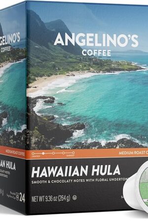 Angelino's Coffee Hawaiian Hula Coffee Pods - Hawaiian Blend, Medium Roast Coffee K Cups compatible, Reserve, Chocolaty Notes with Floral Undertones, 24 Count - Premium Hawaiian Blend Coffee for Keurig Machines