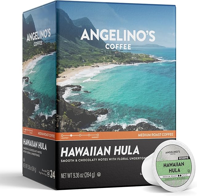 Angelino's Coffee Hawaiian Hula Coffee Pods - Hawaiian Blend, Medium Roast Coffee K Cups compatible, Reserve, Chocolaty Notes with Floral Undertones, 24 Count - Premium Hawaiian Blend Coffee for Keurig Machines