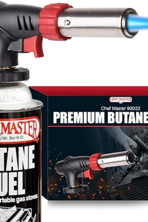 Chef Master Butane Torch Lighter, Refillable Kitchen Torch, Cooking Torch, Adjustable Flame for Creme Brulee, Desserts, BBQ, Crafts, Soldering, Indoor & Outdoor Use - Butane Not Included Model 90022