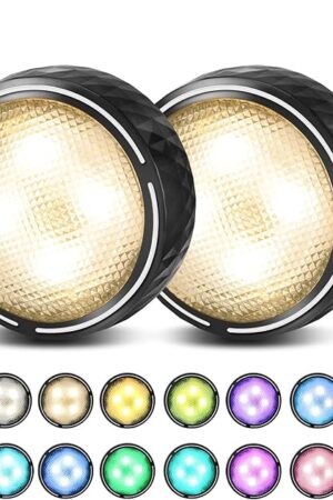 Battery Operated Puck Lights with Remote LED Under Cabinet Lighting Wireless Stick on Lights Color Changing Timer Tap Lights for Cabinets Shelves Closets Display Case - 2Pack Black