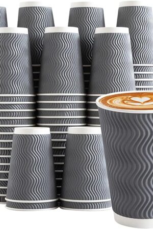 Coffee Cups 12 oz 120 Pack, Corrugated Insulated Ripple Wall Disposable Paper Coffee Cups 12oz, To Go for Hot Beverage or Cold Drinks Office/Home/Cafe/Party/Travel (Gray)