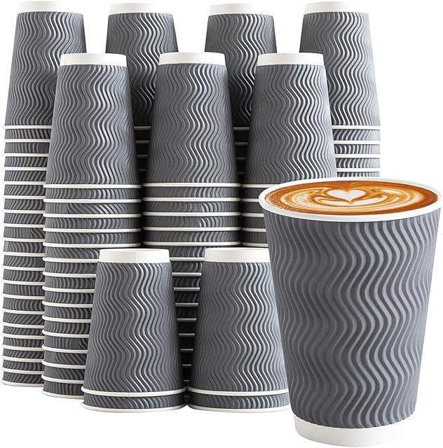 Coffee Cups 12 oz 120 Pack, Corrugated Insulated Ripple Wall Disposable Paper Coffee Cups 12oz, To Go for Hot Beverage or Cold Drinks Office/Home/Cafe/Party/Travel (Gray)