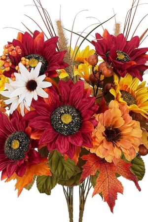 2 Bundles Fall Flowers Artificial Sunflowers Bouquet with Mums Maple Leaves 19 Inch Large Mixed Silk Flowers Bush for Home Decoration Cemetery Grave Autumn Thanksgiving