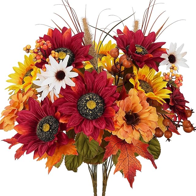 2 Bundles Fall Flowers Artificial Sunflowers Bouquet with Mums Maple Leaves 19 Inch Large Mixed Silk Flowers Bush for Home Decoration Cemetery Grave Autumn Thanksgiving