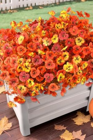 Artificial Fall Flowers for Outdoors Decoration, 12 Bundles Faux Pansies Fake Mums Flower Plants UV Resistant No Fade, Realistic Silk Pansy for Porch Planters Garden Patio Yard (Red Orange Yellow)