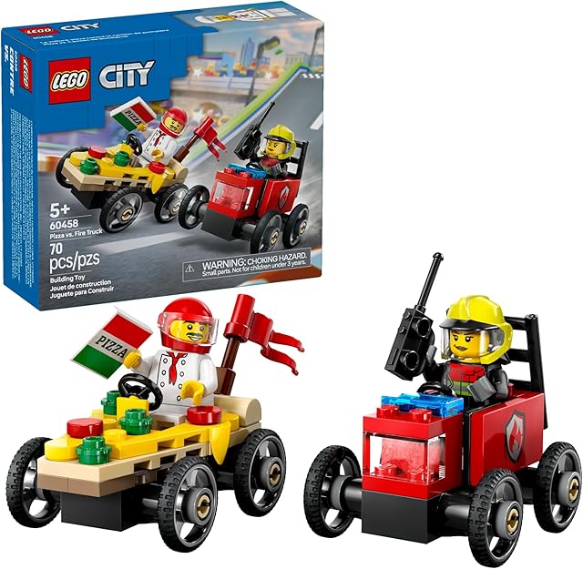 The LEGO City Pizza vs. Fire Truck Race Car Pack Toy - Building Toy for Kids, Boys and Girls, Ages 5+ - Gift for Birthdays and Holidays - Includes Chef and Firefighter Minifigures - 60458