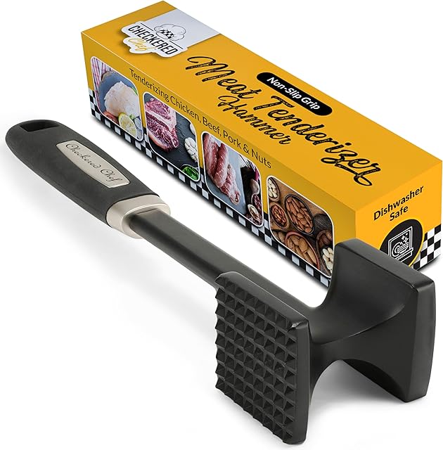 Checkered Chef Meat Tenderizer Tool - Dishwasher Safe Metal Kitchen Mallet for Tenderizing Chicken, Beef, Pork & Nuts with Non-Slip Grip