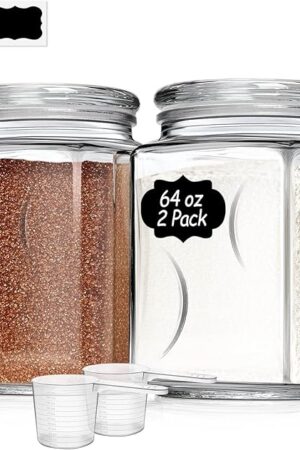 ComSaf Glass Jars with Lids 64oz, Large Glass Storage Containers with Lids, Flour Sugar Storage Containers, Half Gallon Jars for Kitchen Storage and Laundry Room Organization, Set of 2