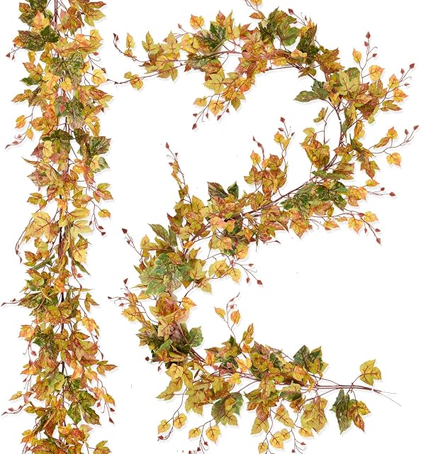 2 Pack Fall Maple Leaf Garland Clearance - 6.5ft/Piece Artificial Fall Foliage Garland Autumn Decoration for Home Wedding Halloween Party Thanksgiving